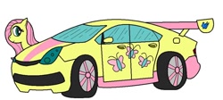 Size: 900x402 | Tagged: safe, artist:gauntletporsche, imported from derpibooru, fluttershy, pegasus, pony, car, cutie mark, female, mare, simple background, smiling, solo, toyota, toyota prius, white background