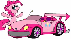 Size: 900x494 | Tagged: safe, artist:gauntletporsche, imported from derpibooru, pinkie pie, pony, car, cutie mark, female, mare, simple background, smiling, solo, volkswagen, volkswagen beetle, white background