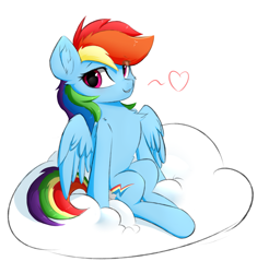 Size: 1529x1626 | Tagged: safe, artist:d.w.h.cn, imported from derpibooru, rainbow dash, pegasus, pony, cheek fluff, chest fluff, cloud, cute, dashabetes, ear fluff, feathered wings, female, floating heart, heart, looking at you, on a cloud, simple background, solo, spoken heart, spread wings, white background, wings