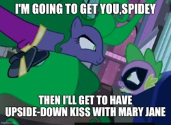 Size: 686x500 | Tagged: safe, edit, edited screencap, imported from derpibooru, screencap, mane-iac, spike, dragon, pony, power ponies (episode), caption, female, image macro, implied lesbian, male, mare, quote, spider-man, text, the simpsons