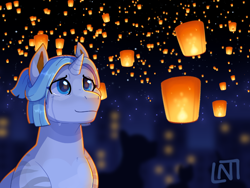 Size: 960x720 | Tagged: safe, artist:lastnight-light, imported from derpibooru, oc, oc only, oc:crystal cure, pony, unicorn, crying, eye reflection, female, lantern, mare, paper lantern, reflection, silhouette, solo focus