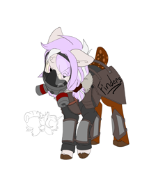 Size: 3000x3500 | Tagged: safe, imported from derpibooru, oc, oc only, oc:little chip, deer, deer pony, hybrid, original species, fallout equestria, fallout equestria: project horizons, angry, armor, clothes, cloven hooves, fanfic art, female, filly, finders keepers, gas mask, jacket, logo, mask, shadow, simple background, solo, this will not end well, two toned mane, white background