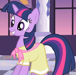 Size: 1066x1053 | Tagged: safe, imported from derpibooru, screencap, twilight sparkle, pony, unicorn, sweet and elite, birthday dress, canterlot, clothes, cropped, dress, female, mare, outfit catalog, smiling, solo, unicorn twilight