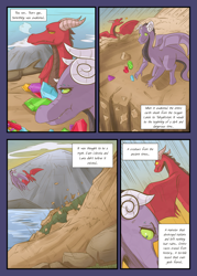 Size: 2591x3624 | Tagged: safe, artist:mustachedbain, imported from derpibooru, dragon, comic:my dragon children, comic, dragoness, female, flying, gem, mountain