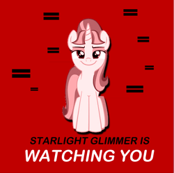 Size: 616x614 | Tagged: artist needed, safe, imported from derpibooru, starlight glimmer, pony, unicorn, the cutie map, big brother is watching, caption, communism, equal cutie mark, equality, equality mark, female, looking at you, mare, meme, propaganda, propaganda poster, red background, s5 starlight, simple background, solo, stalin glimmer, text, this will end in communism, this will end in equalization, this will end in gulag