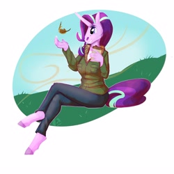 Size: 2500x2500 | Tagged: safe, artist:roseanon4, imported from derpibooru, starlight glimmer, anthro, unguligrade anthro, unicorn, clothes, coffee, female, jacket, leaf, simple background, solo, white background