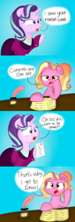 Size: 1024x3016 | Tagged: safe, artist:swivel starsong, imported from derpibooru, luster dawn, starlight glimmer, pony, unicorn, book, clothes, comic, dialogue, inkwell, jay versace, older, older starlight glimmer, quill, smartass, suit, this will end in detention, this will end in grounding, this will end in gulag