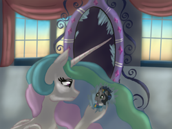 Size: 1280x960 | Tagged: safe, artist:shadamy246, idw, imported from derpibooru, king sombra, princess celestia, alicorn, pony, unicorn, reflections, spoiler:comic, celestibra, drapes, female, good king sombra, hoof hold, magic mirror, male, sadlestia, shipping, straight, window