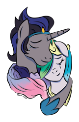 Size: 570x886 | Tagged: safe, artist:johesy, idw, imported from derpibooru, king sombra, princess celestia, alicorn, pony, unicorn, celestibra, crying, eyes closed, female, good king sombra, male, shipping, simple background, snuggling, straight, tears of joy, transparent background