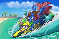 Size: 1920x1263 | Tagged: safe, artist:folieatrois, imported from derpibooru, oc, oc only, oc:bit assembly, oc:bizarre song, earth pony, original species, pegasus, pony, shark, shark pony, beach, cape, clothes, duo, female, jet ski, jewelry, male, necklace, outdoors, palm tree, riding, riding a pony, snorkel, tree, water