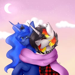 Size: 894x894 | Tagged: safe, artist:sombralicious, imported from derpibooru, princess luna, oc, oc:moonshine, alicorn, pony, unicorn, canon x oc, choker, clothes, cloud, couple, crown, dusk, flannel, flannel shirt, happy, jewelry, laughing, moon, piercing, regalia, scarf, shirt, smiling, stars, wholesome