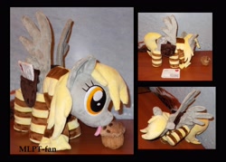 Size: 3760x2688 | Tagged: safe, artist:calusariac, imported from derpibooru, derpy hooves, pony, clothes, food, high res, irl, mailbag, muffin, photo, plushie, socks, solo, striped socks, tongue out