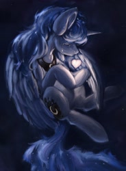 Size: 2240x3038 | Tagged: safe, artist:rigbyh00ves, artist:th3ipodm0n, imported from derpibooru, princess luna, alicorn, pony, covering, crying, eyes closed, female, glow, glowing, heart, mare, night, protecting, solo, stars, teary eyes, three quarter view, wing covering, wings