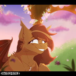 Size: 1920x1920 | Tagged: safe, artist:strangebun, imported from derpibooru, oc, oc only, bat pony, pony, chest fluff, ear fluff, flower, jewelry, necklace, scenery, solo, spread wings, wings