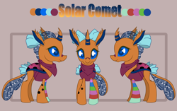 Size: 2000x1256 | Tagged: safe, artist:ynery, imported from derpibooru, oc, oc only, oc:solar comet, changedling, changeling, bandaid, bandaid on nose, bandana, blue eyes, blue mane, blue sclera, bow, catchlights, changedling oc, changeling oc, clothes, crossdressing, eyelashes, eyes open, femboy, hair bow, male, socks, solo, spots, striped socks, tail bow, transparent mane, yellow changeling, yellow coat