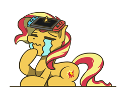 Size: 1800x1350 | Tagged: safe, artist:flutterluv, imported from derpibooru, sunset shimmer, pony, unicorn, crying, eyes closed, female, horn, horn impalement, nintendo switch, prone, simple background, solo, transparent background, wavy mouth