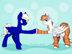 Size: 2048x1536 | Tagged: safe, artist:incendiaryboobs, artist:incendiarymoth, imported from derpibooru, oc, oc only, oc:electric blue, oc:milkyway mihay, pegasus, pony, boop, friendship, hoofbump, leg warmers, looking at each other, male, traditional art