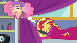 Size: 1280x720 | Tagged: safe, artist:3d4d, edit, edited screencap, imported from derpibooru, screencap, flash sentry, sunset shimmer, best trends forever, equestria girls, equestria girls series, wake up!, spoiler:eqg series (season 2), dream, eyes closed, female, flashimmer, male, shipping, sleeping, solo, straight, thought bubble