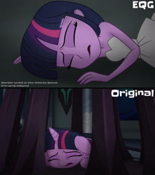 Size: 3120x3510 | Tagged: safe, artist:aryatheeditor, imported from derpibooru, screencap, twilight sparkle, alicorn, pony, equestria girls, my little pony: the movie, bare shoulders, canterlot, canterlot castle, clothes, comparison, dress, dying, equestria girls interpretation, female, human and pony, lying down, movie, movie accurate, movie reference, outfit, scene interpretation, screencap reference, sleeveless, solo, strapless, twilight sparkle (alicorn), weakened, white dress