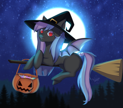 Size: 4000x3500 | Tagged: safe, artist:asyaredfox, imported from derpibooru, oc, oc only, oc:stellar wind, bat pony, pony, bat pony oc, bat wings, broom, female, flying, flying broomstick, forest, hat, moon, night, pumpkin, solo, wings, witch costume, witch hat