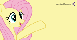 Size: 1200x630 | Tagged: safe, artist:parclytaxel, imported from derpibooru, fluttershy, pegasus, pony, female, mare, raised hoof, show accurate, simple background, smiling, solo, wip, yellow background