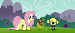 Size: 2000x893 | Tagged: safe, artist:vmkhappy-panda, imported from derpibooru, fluttershy, flying squirrel, human, pegasus, pony, squirrel, bubbles (powerpuff girls), bullet, crossover, flower, flying, the powerpuff girls