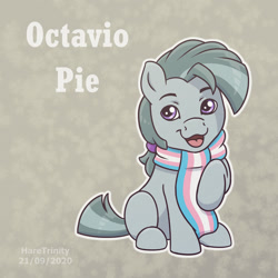 Size: 1400x1400 | Tagged: safe, artist:haretrinity, imported from derpibooru, marble pie, octavio pie, earth pony, pony, my little pony: pony life, clothes, g4.5, gender headcanon, headcanon, lgbt headcanon, male, open mouth, pride, pride flag, raised hoof, scarf, solo, stallion, trans boy, trans male, trans octavio, transgender, transgender pride flag