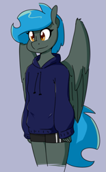 Size: 473x762 | Tagged: safe, artist:whatsapokemon, imported from derpibooru, oc, oc only, oc:jade shine, anthro, pegasus, bike shorts, clothes, female, hoodie, shorts, simple background, solo