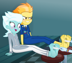 Size: 1280x1116 | Tagged: safe, artist:grapefruitface1, imported from derpibooru, fleetfoot, rainbow dash, spitfire, equestria girls, barefoot, equestria girls-ified, feather, feet, female, fetish, foot fetish, foot tickling, soles, tickling, toes