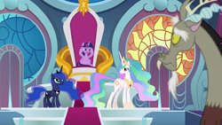 Size: 1920x1080 | Tagged: safe, imported from derpibooru, screencap, discord, princess celestia, princess luna, twilight sparkle, alicorn, pony, the ending of the end, throne, throne room, twilight sparkle (alicorn)