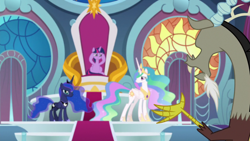 Size: 1920x1080 | Tagged: safe, imported from derpibooru, screencap, discord, princess celestia, princess luna, twilight sparkle, alicorn, pony, the ending of the end, throne, throne room, twilight sparkle (alicorn)