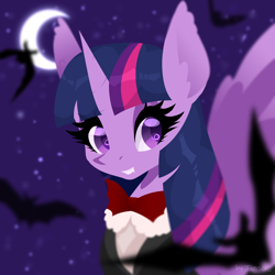 Size: 3000x3000 | Tagged: safe, artist:timser_, artist:timserart, artist:timserr, imported from derpibooru, twilight sparkle, alicorn, pony, bats!, bowtie, female, looking at you, moon, night, solo, stars, twilight sparkle (alicorn)