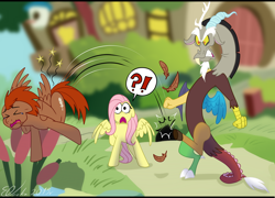 Size: 4086x2946 | Tagged: safe, artist:eveeka, imported from derpibooru, discord, fluttershy, oc, draconequus, pegasus, pony, comic:the last adventure, angry, butt kicking, confused, cottage, discoshy, eyes closed, female, funny, jealous, kicking, male, shipping, shocked, straight, yandere, yanderecord