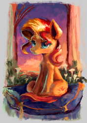 Size: 764x1080 | Tagged: safe, artist:plainoasis, imported from derpibooru, sunset shimmer, pony, unicorn, blue eyes, curtains, cushion, digital art, female, flower, hair over one eye, looking at you, multicolored hair, multicolored mane, multicolored tail, painting, pillow, plant, sitting, smiling, smiling at you, solo, sunset, tail