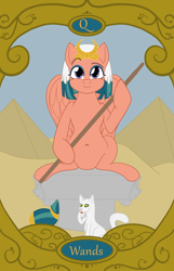 Size: 900x1400 | Tagged: safe, artist:sixes&sevens, imported from derpibooru, somnambula, cat, desert, pyramid, queen of wands, sitting, stick, tarot card