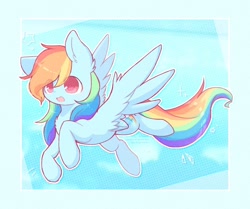 Size: 1280x1072 | Tagged: safe, artist:jisuppe, imported from derpibooru, rainbow dash, pegasus, pony, backwards cutie mark, chest fluff, colored pupils, eye clipping through hair, female, flying, mare, smiling, solo, spread wings, wings