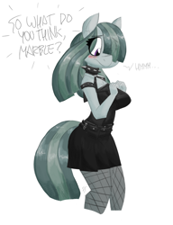 Size: 1100x1435 | Tagged: safe, artist:flutterthrash, imported from derpibooru, marble pie, anthro, breasts, busty marble pie, choker, clothes, dialogue, eye clipping through hair, female, goth, punk, simple background, skirt, socks, spiked choker, thigh highs, white background