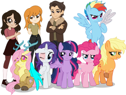 Size: 1920x1443 | Tagged: safe, artist:limedazzle, imported from derpibooru, applejack, fluttershy, pinkie pie, rainbow dash, rarity, twilight sparkle, oc, oc:danny williams, oc:molly brunner, oc:morgan brunner, alicorn, draconequus, human, pony, fanfic:my little pony: the unexpected future, alternate timeline, amputee, apocalypse dash, artificial wings, augmented, crystal war timeline, draconequified, flutterequus, mane six, mechanical wing, scar, show accurate, simple background, species swap, transparent background, twilight sparkle (alicorn), wings