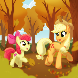 Size: 2048x2048 | Tagged: safe, artist:whitequartztheartist, imported from derpibooru, apple bloom, applejack, earth pony, pony, autumn, forest, leaves, tree
