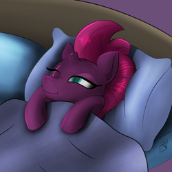 Size: 2480x2480 | Tagged: safe, artist:naen, imported from derpibooru, fizzlepop berrytwist, tempest shadow, pony, unicorn, bedsheets, comfy, cute, female, high res, lying down, mare, on back, one eye closed, pillow, sleepy, smiling, solo, tempestbetes