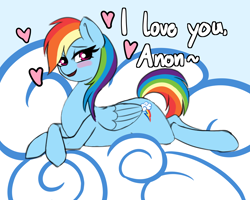Size: 1500x1200 | Tagged: safe, artist:plaguemare, imported from derpibooru, rainbow dash, pegasus, pony, /mlp/, backwards cutie mark, blushing, bronybait, cloud, drawthread, female, floating heart, heart, i love you, implied anon, looking at you, on a cloud, requested art, smiling, smiling at you, solo, talking to viewer