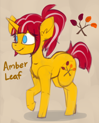 Size: 1102x1373 | Tagged: safe, artist:marsminer, imported from derpibooru, oc, oc only, oc:amber leaf, pony, unicorn, abstract background, eye clipping through hair, female, mare, raised hoof, smiling, solo