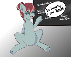 Size: 1500x1200 | Tagged: safe, artist:plaguemare, imported from derpibooru, oc, oc only, oc:horse mchorseface, pony, /mlp/, chalk, chalkboard, dialogue, drawthread, glasses, requested art, sitting, solo, speech bubble, underhoof