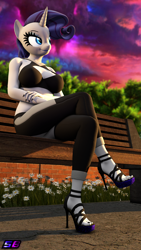 Size: 2160x3840 | Tagged: safe, artist:shadowboltsfm, imported from derpibooru, rarity, anthro, plantigrade anthro, unicorn, 3d, 4k, bench, black nail polish, breasts, cleavage, clothes, crossed arms, crossed legs, eyelashes, feet, high heels, midriff, nail polish, open-toed shoes, pants, shoes, sitting, smiling, solo, source filmmaker, sunset, toenail polish, toes, yoga pants