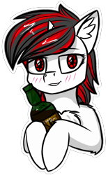 Size: 850x1373 | Tagged: safe, artist:colourwave, imported from derpibooru, oc, oc only, oc:blackjack, pony, unicorn, fallout equestria, fallout equestria: project horizons, alcohol, blushing, chest fluff, compact horn, cute, cyber eyes, ear fluff, fanfic, fanfic art, female, horn, its not small its compact!, mare, simple background, simple shading, small horn, solo, sticker, transparent background, whiskey