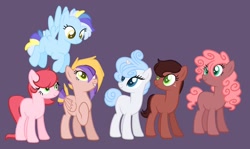 Size: 1280x761 | Tagged: safe, artist:shiibases, artist:valey-of-the-kings, imported from derpibooru, oc, oc only, oc:apple-strawberry pie, oc:chocolate cake, oc:cloudy, oc:gemstone, oc:ginger gold, oc:nova, earth pony, pegasus, pony, unicorn, base used, female, mare, next generation, offspring, parent:applejack, parent:big macintosh, parent:cheese sandwich, parent:fancypants, parent:flash sentry, parent:fluttershy, parent:pinkie pie, parent:rainbow dash, parent:rarity, parent:soarin', parent:trouble shoes, parent:twilight sparkle, parents:cheesepie, parents:flashlight, parents:fluttermac, parents:raripants, parents:soarindash, parents:troublejack, purple background, simple background