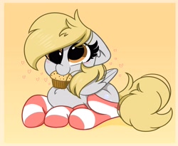 Size: 2800x2300 | Tagged: safe, artist:kittyrosie, imported from derpibooru, derpy hooves, pegasus, pony, blushing, clothes, cute, daaaaaaaaaaaw, derpabetes, female, floppy ears, food, heart, high res, mare, mouth hold, muffin, orange background, simple background, socks, solo, striped socks