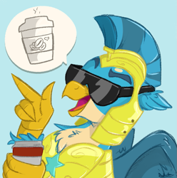 Size: 693x699 | Tagged: safe, artist:rutkotka, imported from derpibooru, gallus, griffon, the last problem, armor, blue background, coffee, glasses, male, open mouth, royal guard, royal guard gallus, simple background, smiling, solo, sunglasses