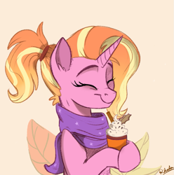 Size: 693x699 | Tagged: safe, artist:rutkotka, imported from derpibooru, luster dawn, pony, unicorn, the last problem, clothes, coffee, cute, eyes closed, female, food, latte, lusterbetes, mare, scarf, smiling, solo, warm