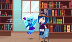 Size: 1280x754 | Tagged: safe, artist:rubyfan1234, imported from derpibooru, indigo zap, trixie, equestria girls, bookshelf, chair, chibi, female, wedgie